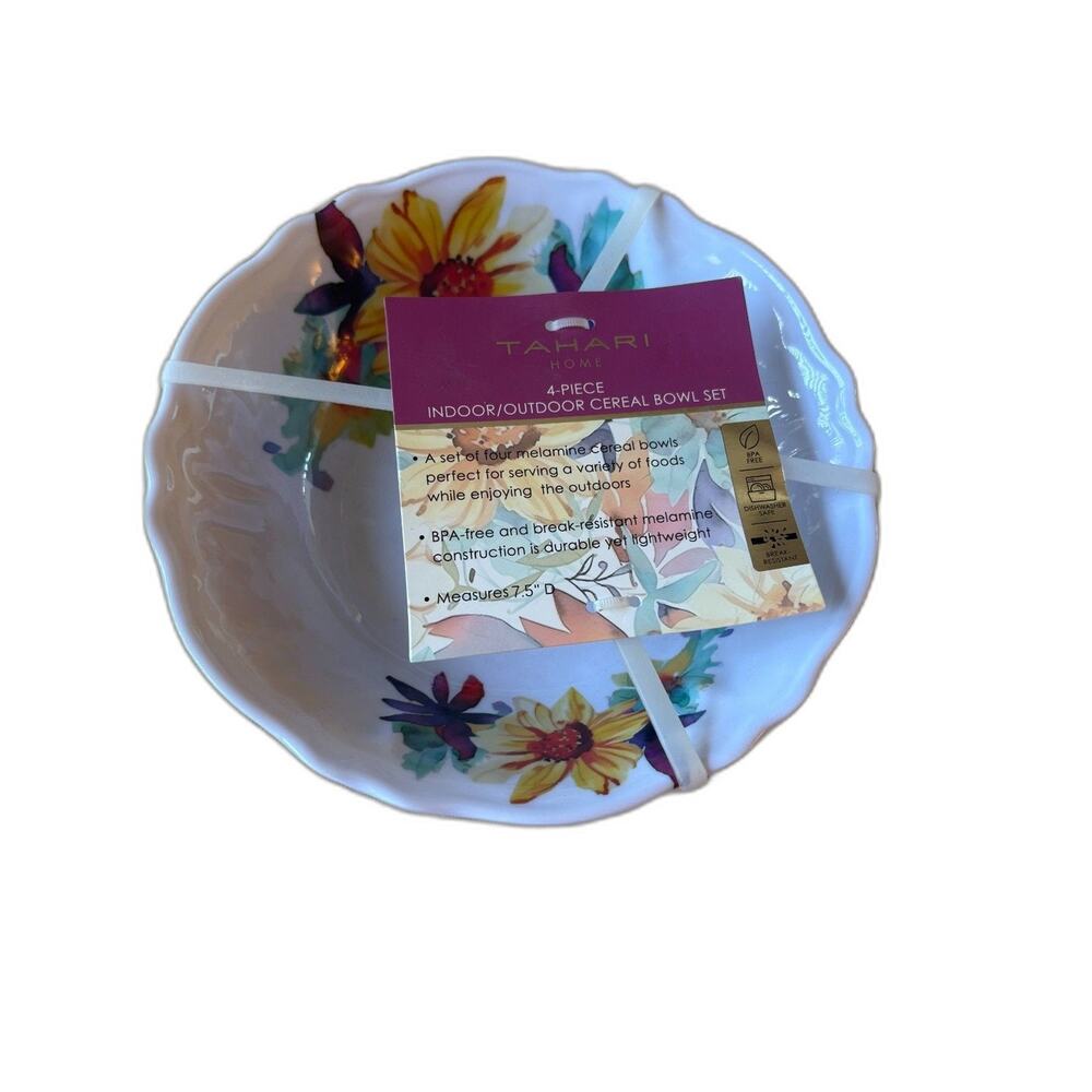 Tahari Home Floral Melamine Bowl Set 4 Pc Indoor Outdoor BPA Free 7.5”